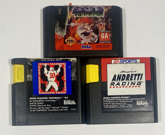 Sega Genesis 3 Games Lot Bundle Sub Terrania, Mario Andretti Racing, Football 93