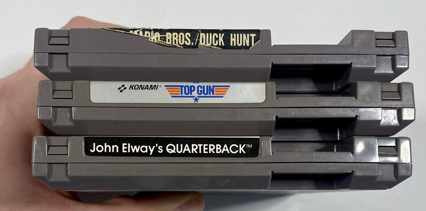 NES 3 Game Lot Bundle. Mario/Duck Hunt, Top Gun, John Elway’s Quarterback, Works