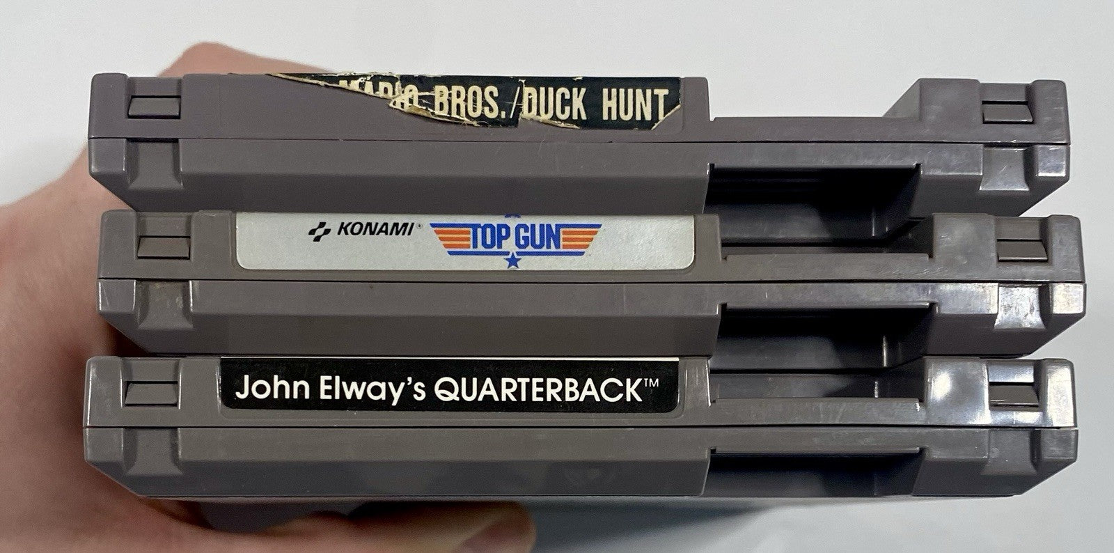 NES 3 Game Lot Bundle. Mario/Duck Hunt, Top Gun, John Elway’s Quarterback, Works
