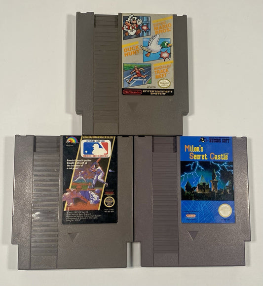 NES 3 Game Lot Bundle. Mario/Duck Hunt/Track Meet, Milon’s Secret Castle, MLB