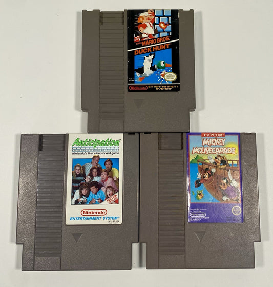 NES 3 Game Lot Bundle. Mario/Duck Hunt, Mickey Mousecarade, Anticipation. Tested