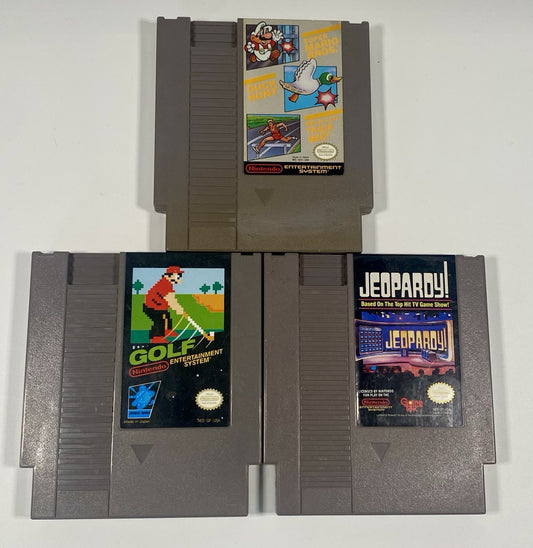 NES 3 Game Lot Bundle. Mario/Duck Hunt/Track Meet, Jeopardy!, Golf. All Tested