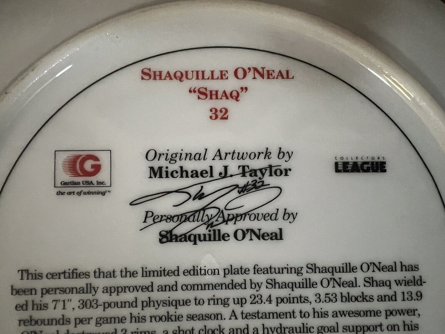 SHAQUILLE O'NEAL collector plate GARTLAN Michael Taylor BASKETBALL NBA