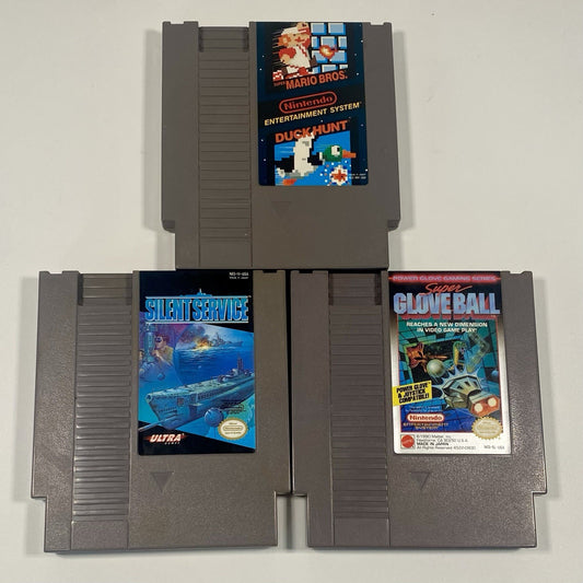 NES 3 Game Lot Bundle. Mario/Duck Hunt, Silent Service, Gloveball. All Tested