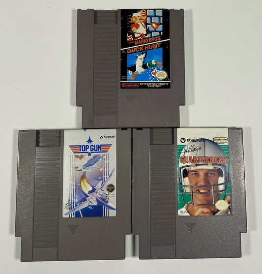 NES 3 Game Lot Bundle. Mario/Duck Hunt, Top Gun, John Elway’s Quarterback, Works