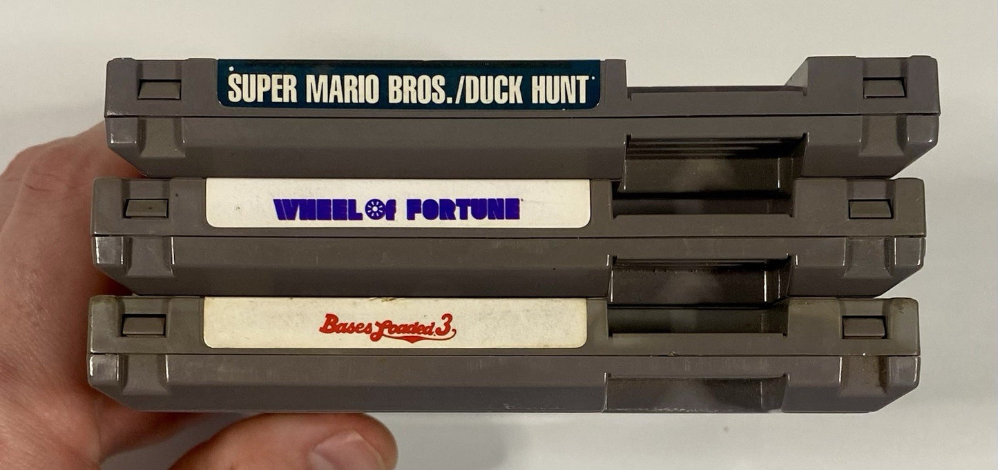 NES 3 Game Lot Bundle. Mario/Duck Hunt, Wheel Of Fortune & Bases Loaded 3, Works