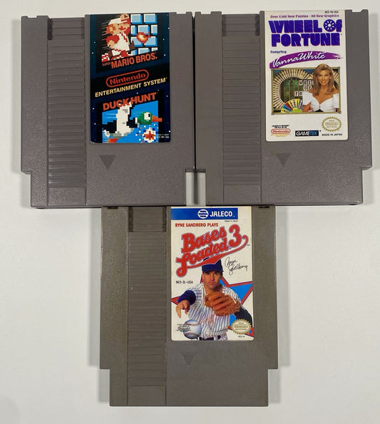 NES 3 Game Lot Bundle. Mario/Duck Hunt, Wheel Of Fortune & Bases Loaded 3, Works