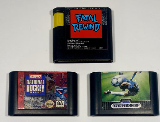 Sega Genesis 3 Game Lot Bundle Fatal Rewind, World Champ Soccer, Hockey Night