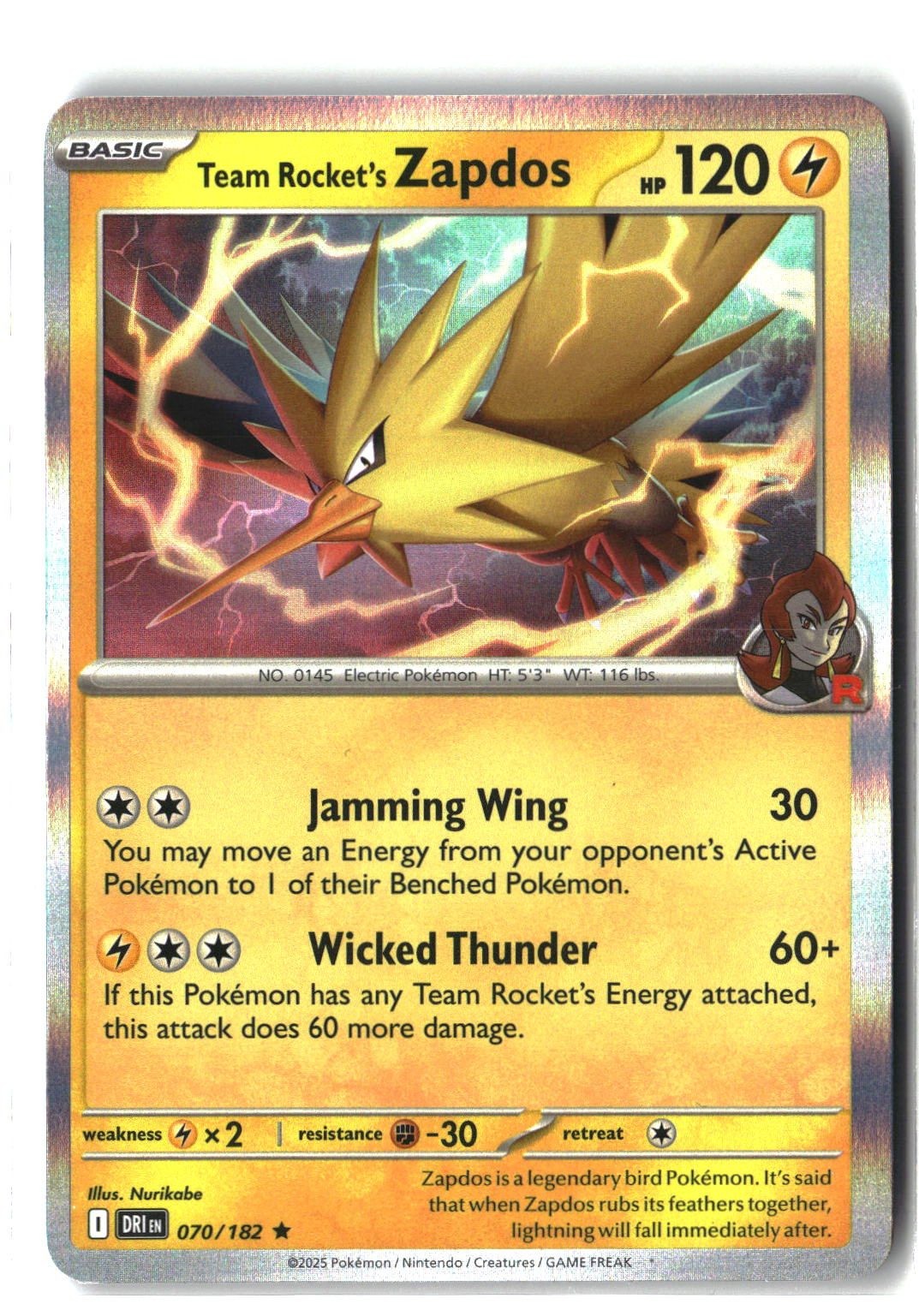 Team Rocket's Zapdos Holofoil NM (Destined Rivals 070/182)