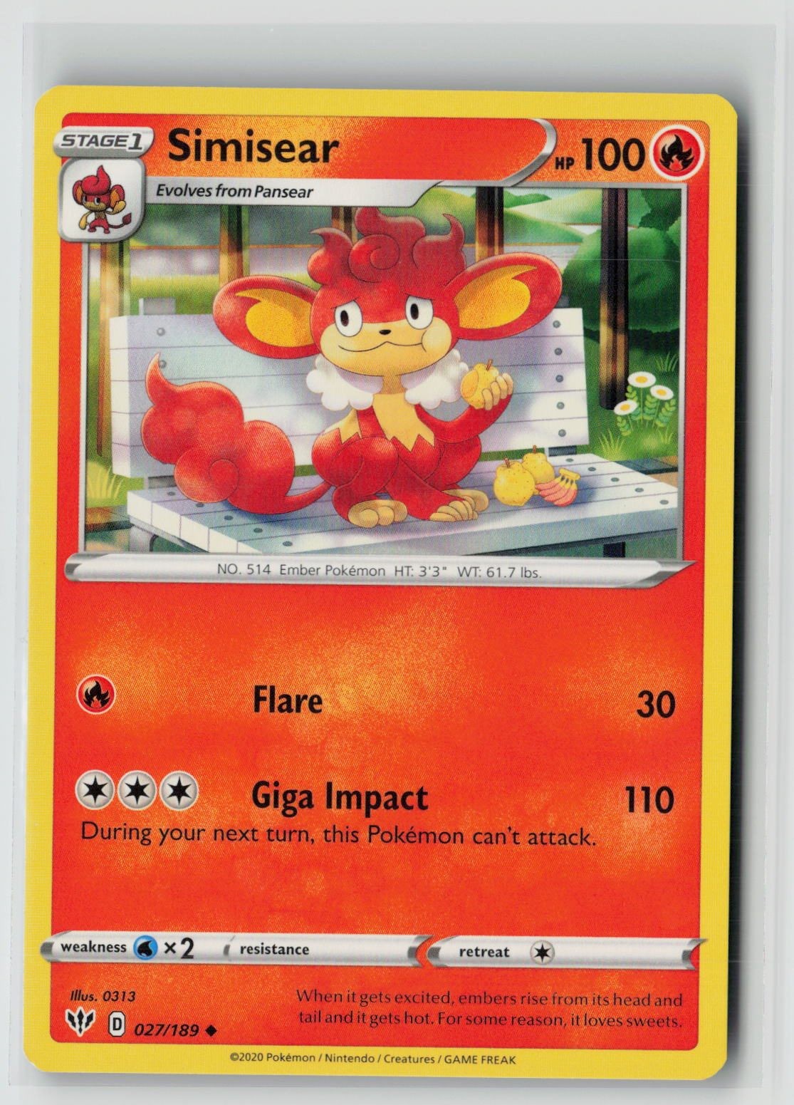 Simisear (SWSH03: Darkness Ablaze 027/189) NM