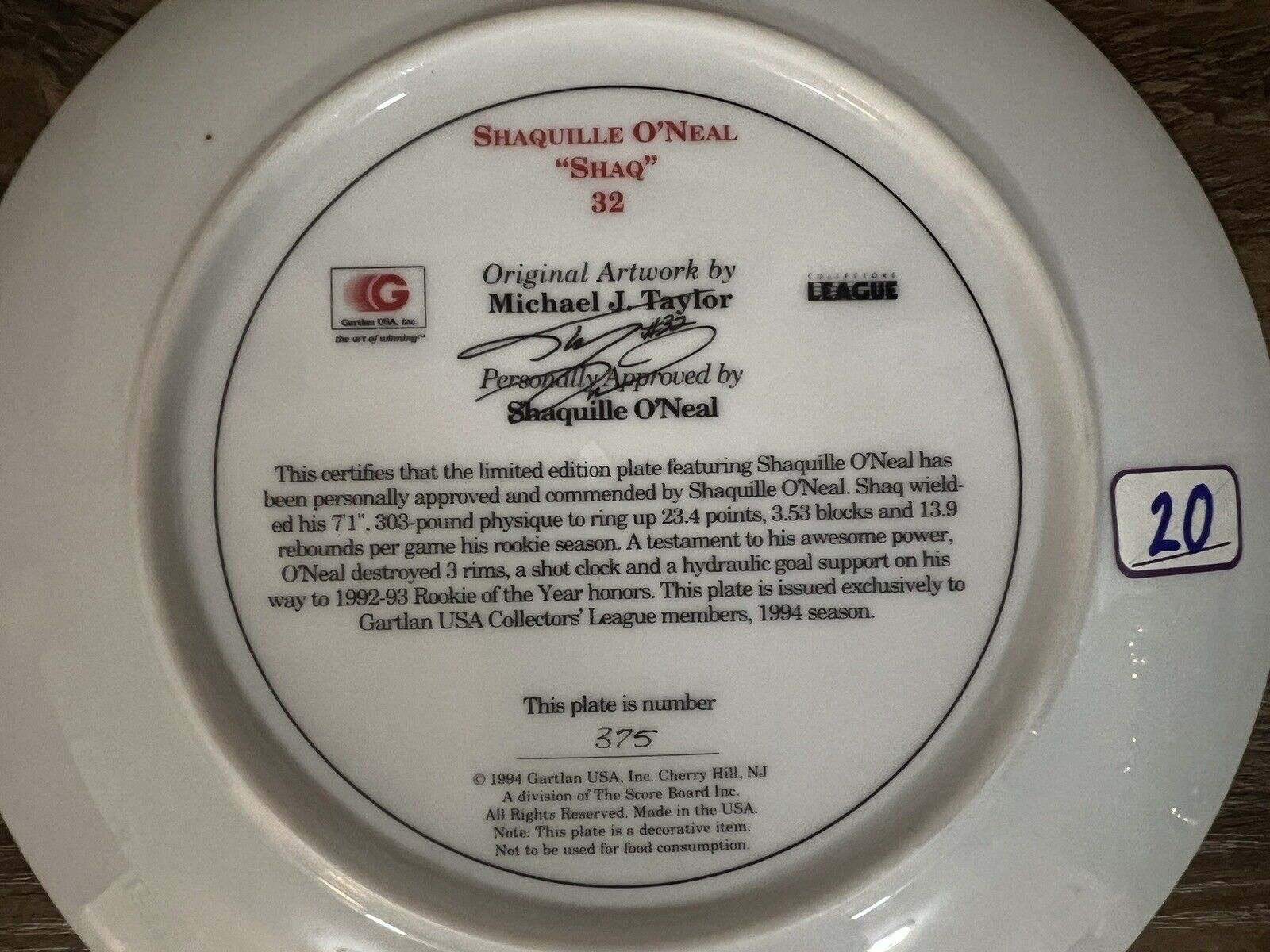 SHAQUILLE O'NEAL collector plate GARTLAN Michael Taylor BASKETBALL NBA