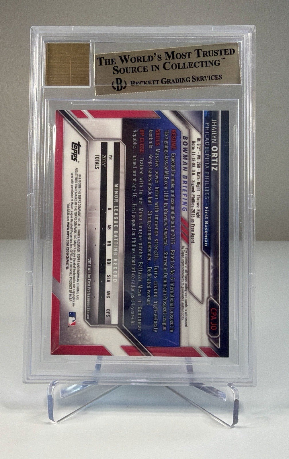 2016 Bowman Chrome Prospect Jhailyn Ortiz #CPA-JO BGS 9.5 GEM MINT Auto