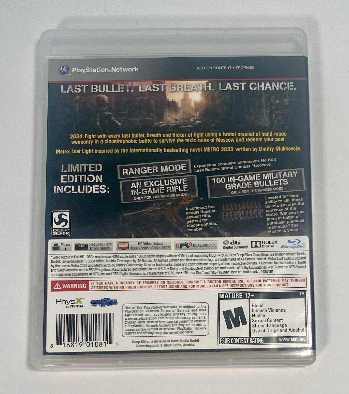 Metro Last Light Limited Edition PS3 PlayStation 3 CIB W/ Manual Inserts, Tested