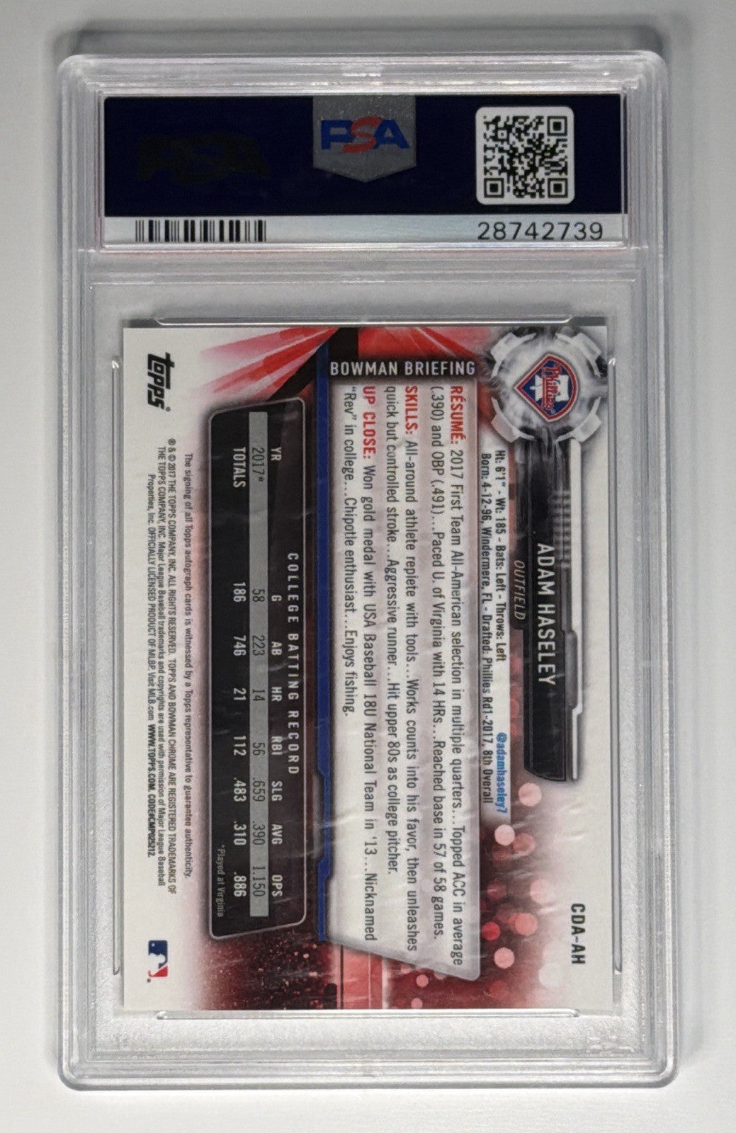 2017 Bowman Draft Adam Haseley /250 PSA 10 Gem MT Autograph Auto