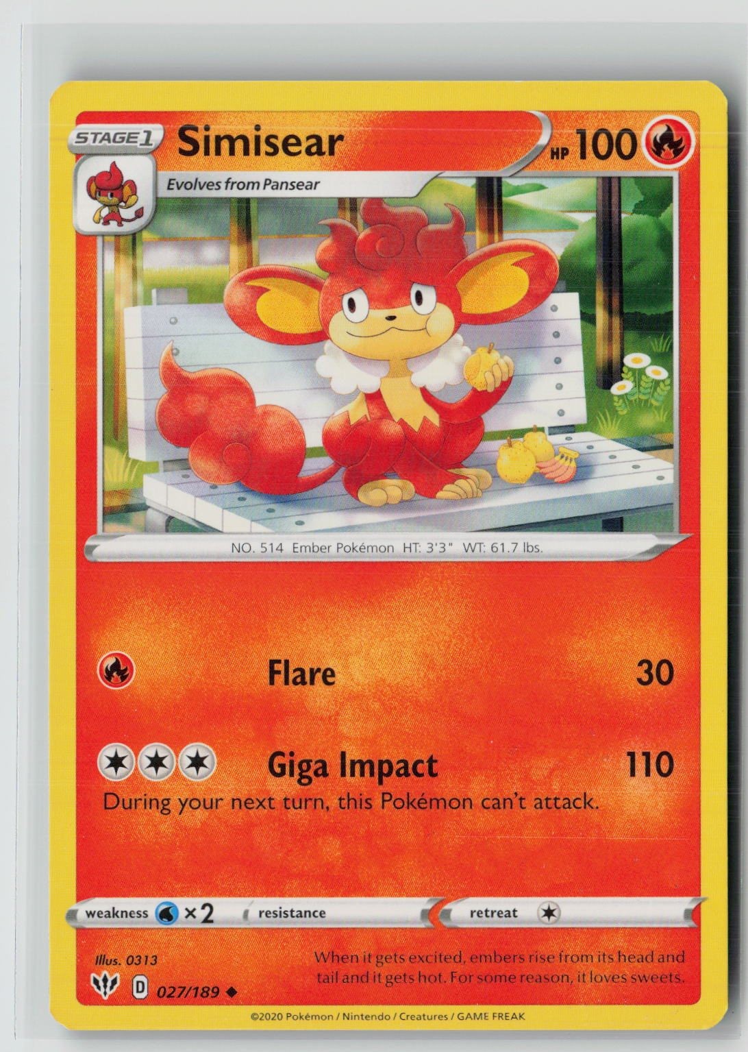 Simisear (SWSH03: Darkness Ablaze 027/189) NM