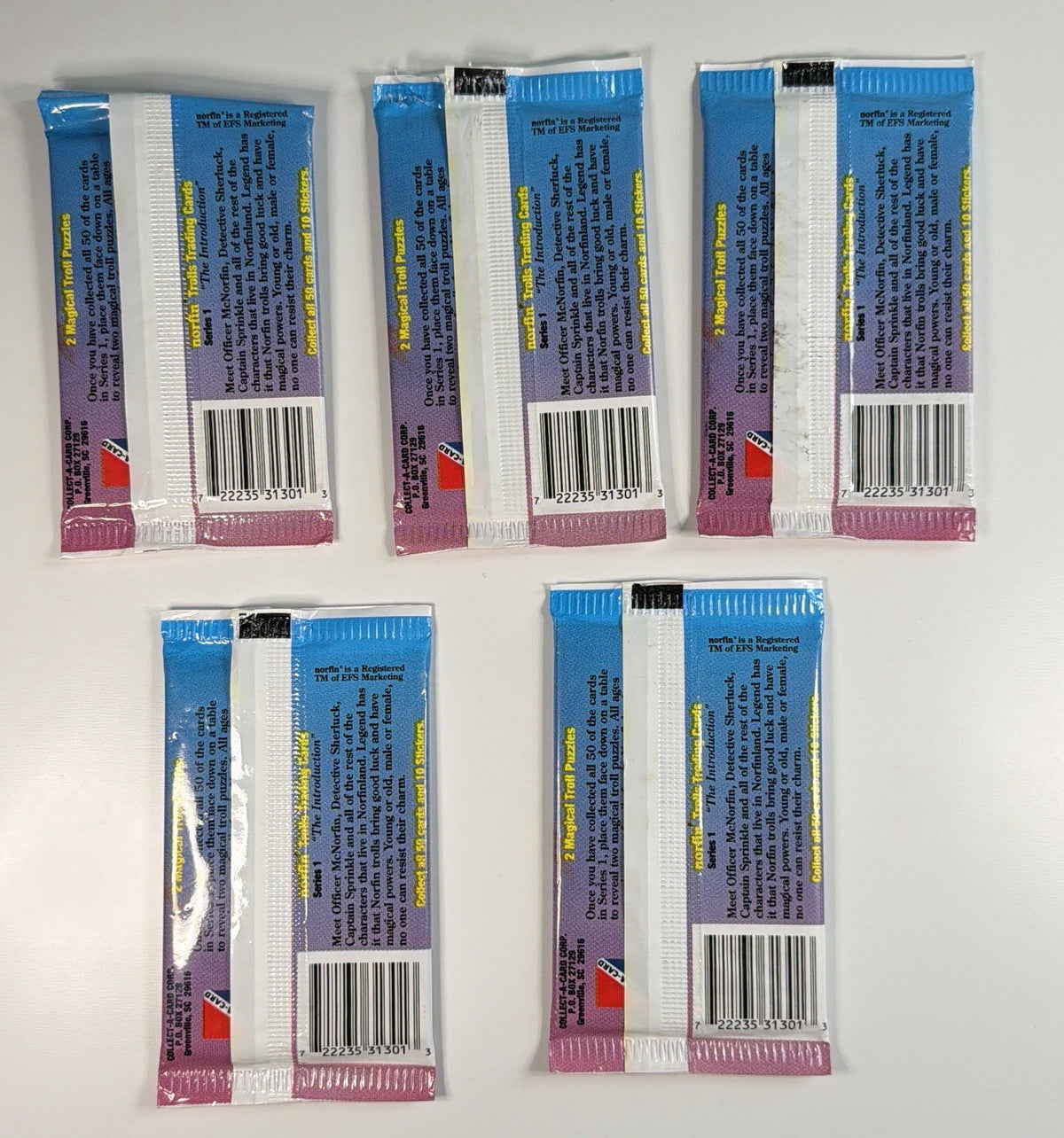 1992 Norfin Trolls Wax Pack Factory Sealed Series 1, 5 Packs READ DESCRIPTION