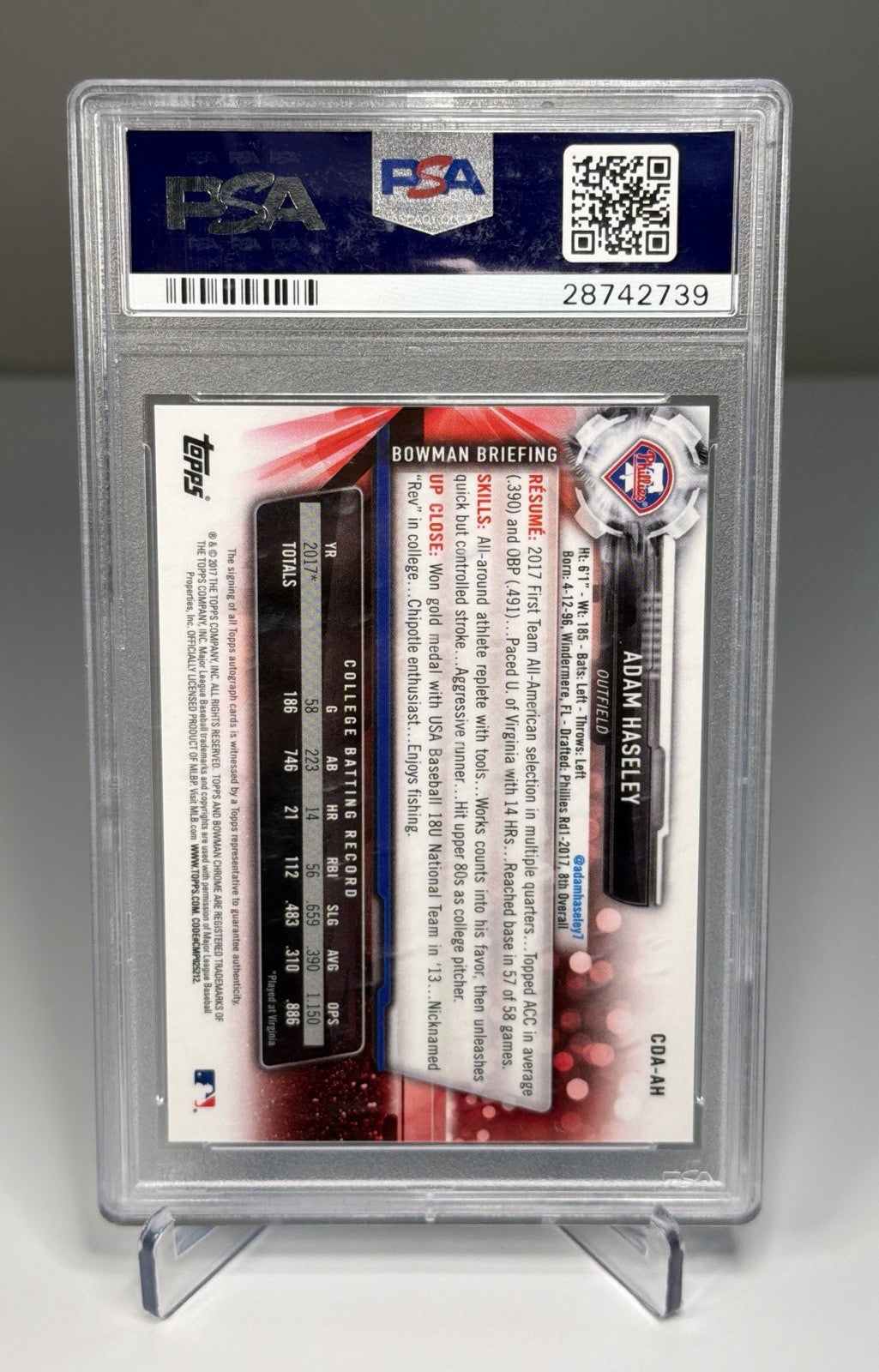 2017 Bowman Draft Adam Haseley /250 PSA 10 Gem MT Autograph Auto