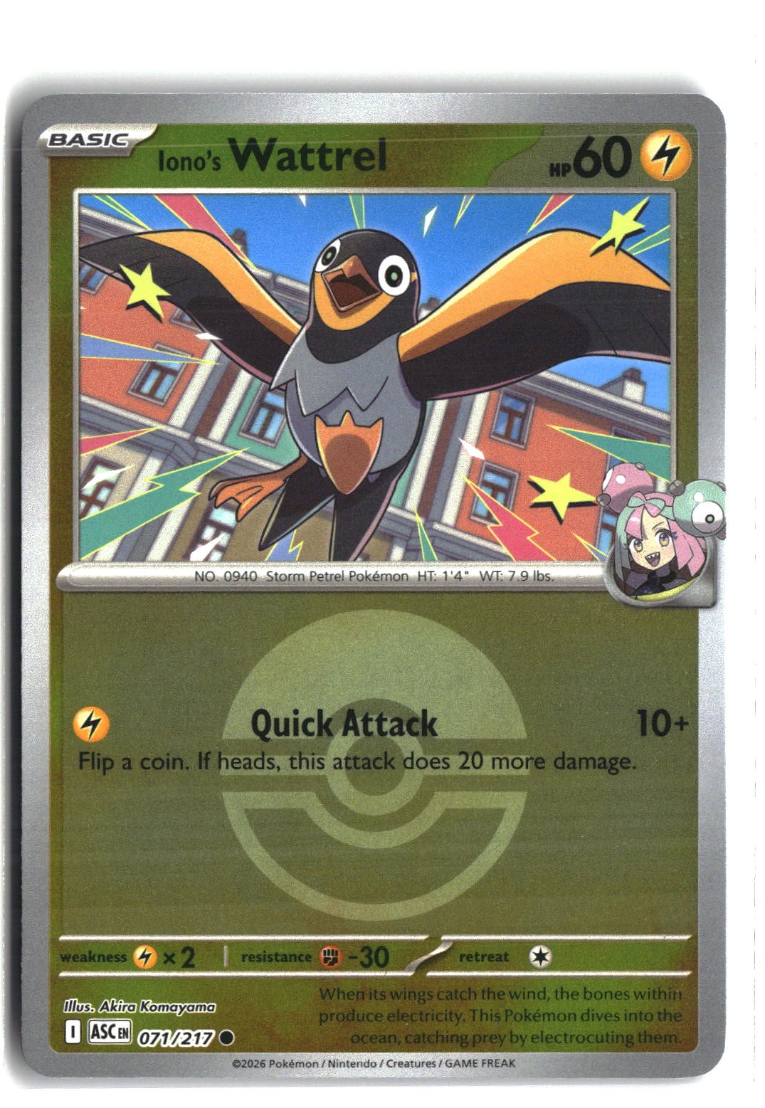 Iono's Wattrel (Poke Ball) Reverse Holofoil NM (ME: Ascended Heroes 071/217)