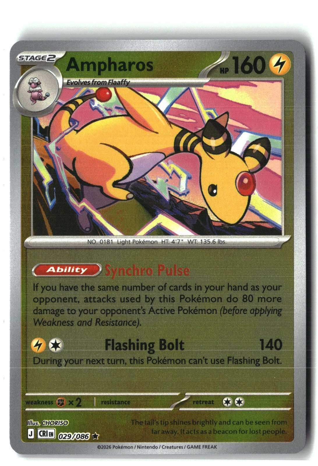 Ampharos Reverse Holofoil NM (Chaos Rising 029/086)