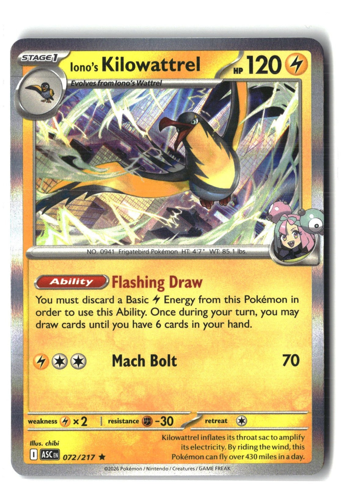 Iono's Kilowattrel Holofoil NM (ME: Ascended Heroes 072/217)