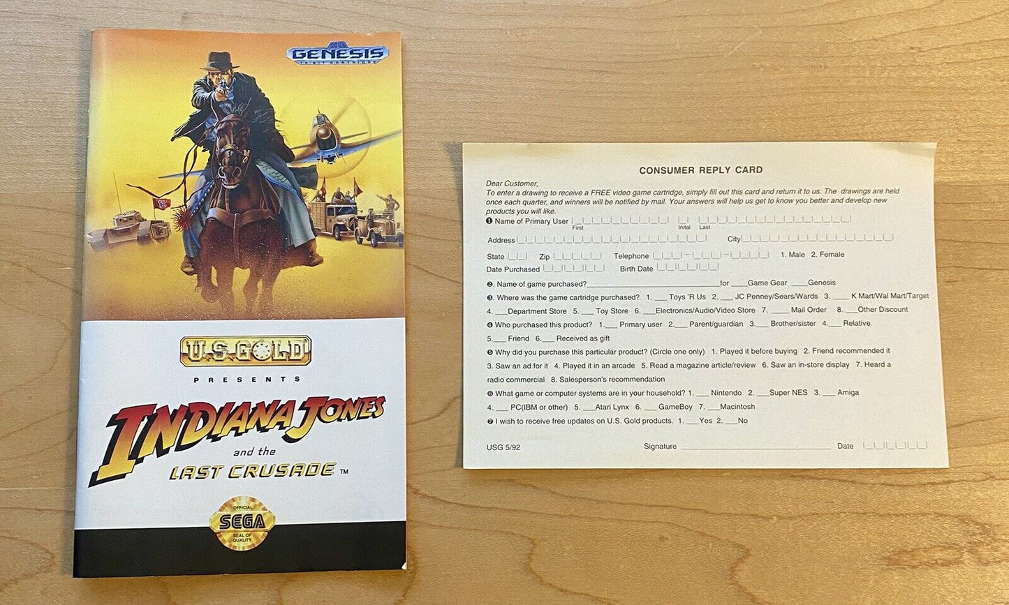 Indiana Jones and the Last Crusade (Sega Genesis, 1992) CIB W/ Manual & Reg Card