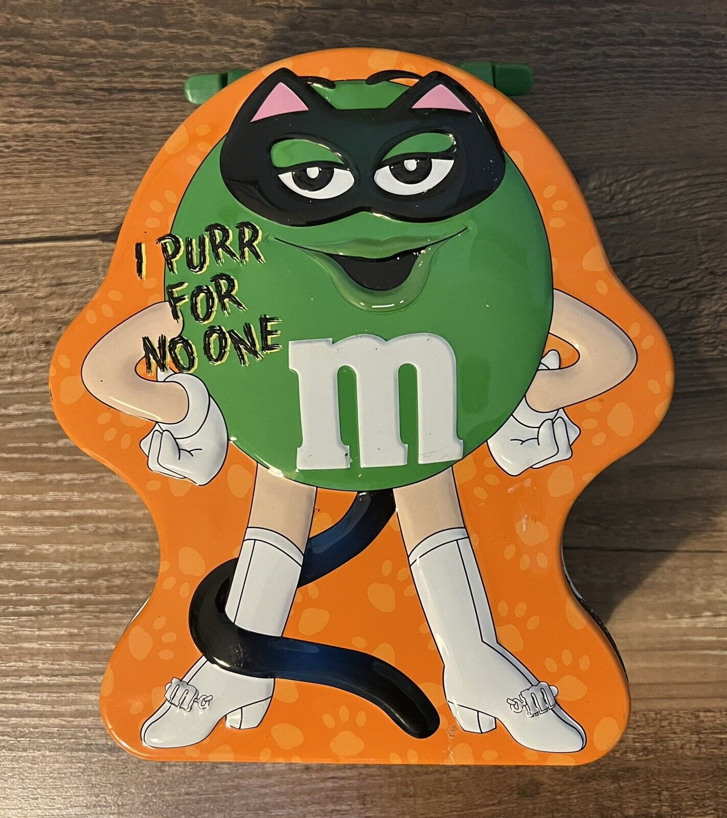 Halloween Galerie M&M Metal Lunchbox Green Collector's Tin “I Purr For No One”