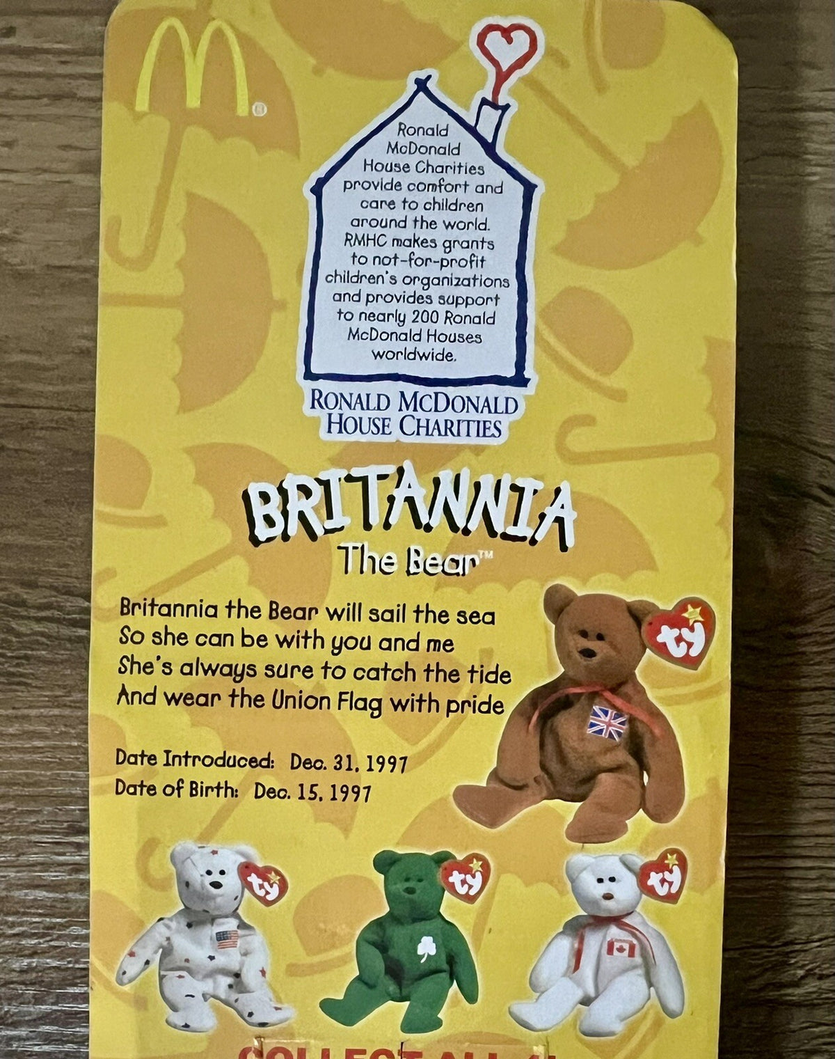 Britannia The Bear-1996 McDonalds Ty Beanie Baby with Rare Errors 1993, OakBrook