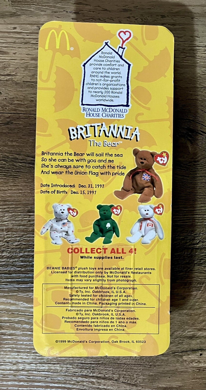 Britannia The Bear-1996 McDonalds Ty Beanie Baby with Rare Errors 1993, OakBrook