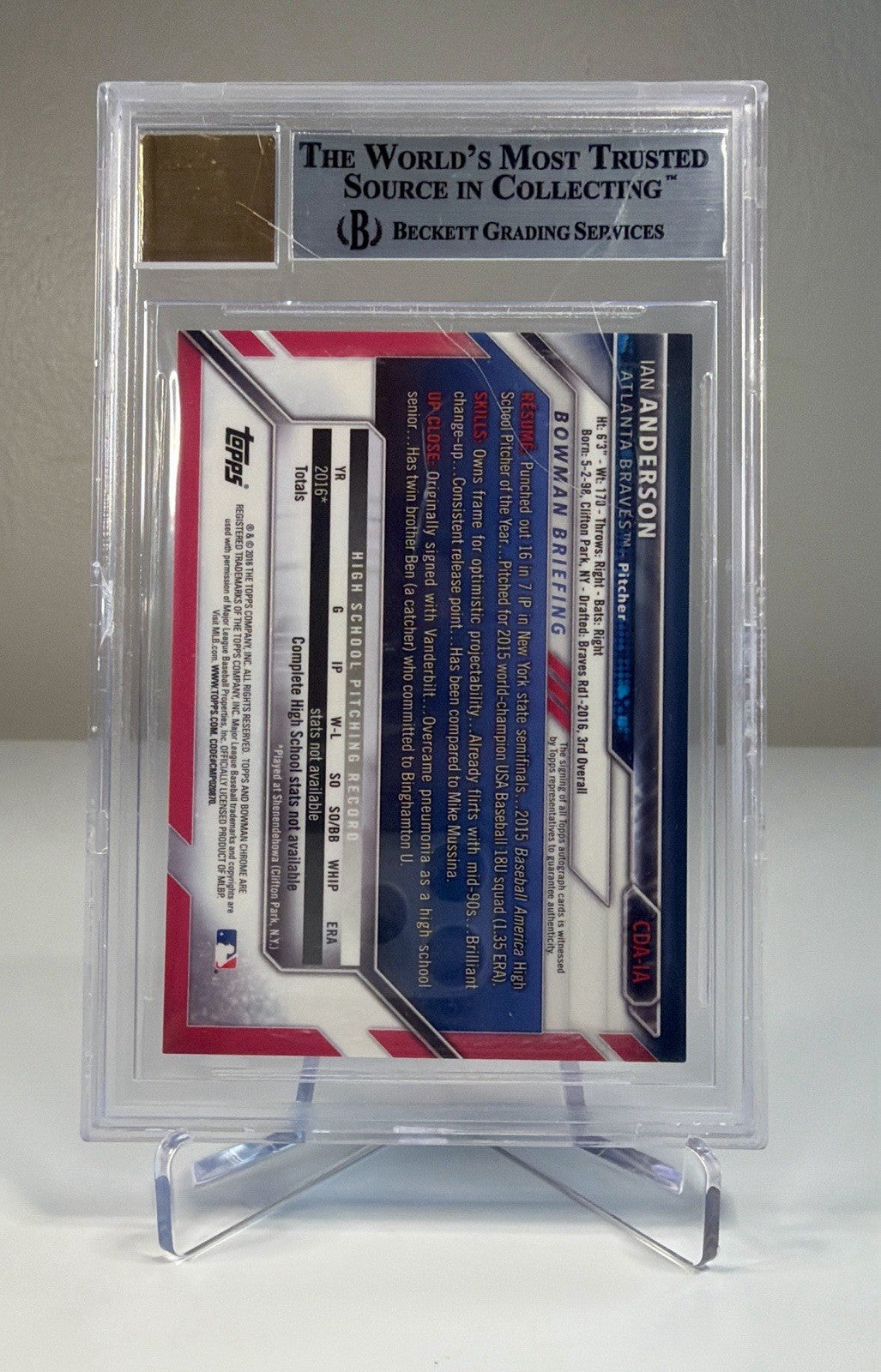 2016 Bowman Chrome Draft Ian Anderson Autograph BGS 9 Mint #CDAIA