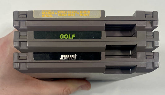 NES 3 Game Lot Bundle. Mario/Duck Hunt/Track Meet, Jeopardy!, Golf. All Tested