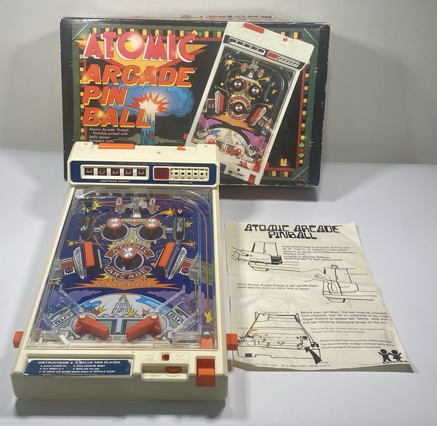 Vintage 1979 TOMY Atomic Arcade Tabletop Pinball Machine In Box, Needs Repair
