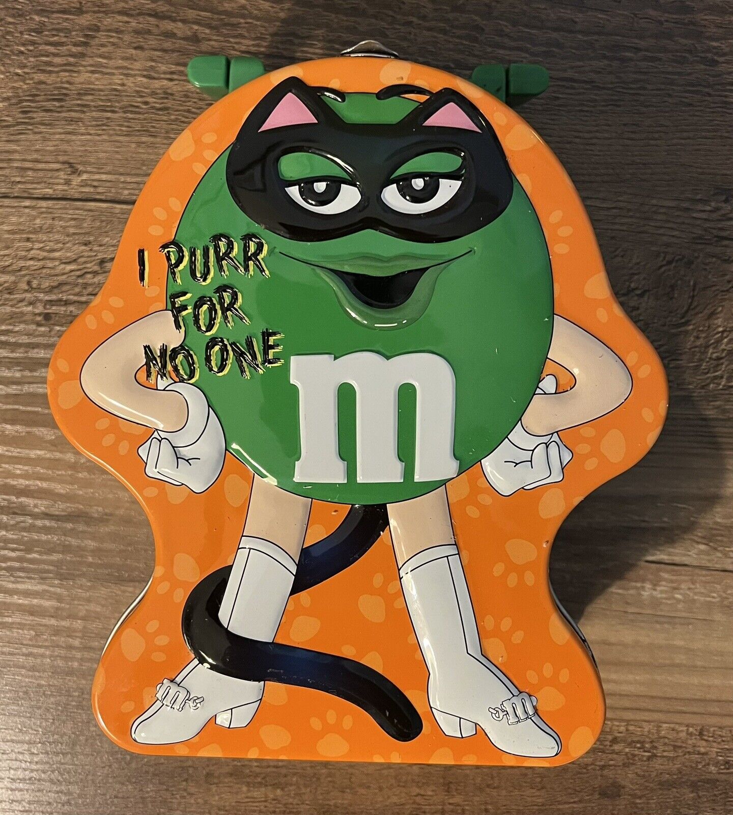 Halloween Galerie M&M Metal Lunchbox Green Collector's Tin “I Purr For No One”