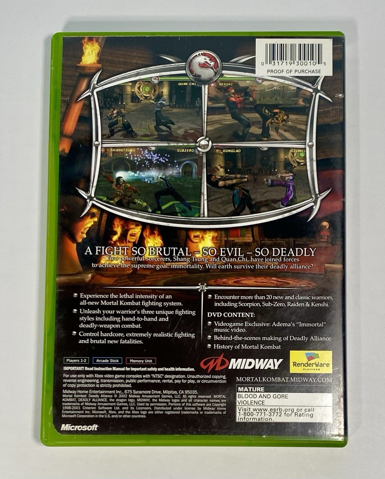 Mortal Kombat: Deadly Alliance (Microsoft Xbox, 2002) CIB Complete & Tested