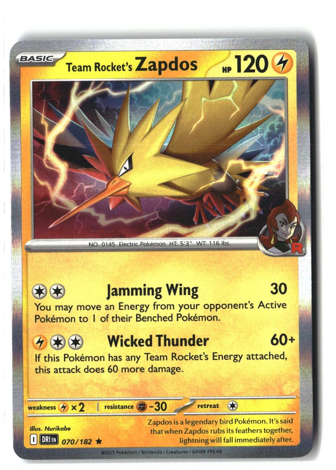 Team Rocket's Zapdos Holofoil NM (Destined Rivals 070/182)