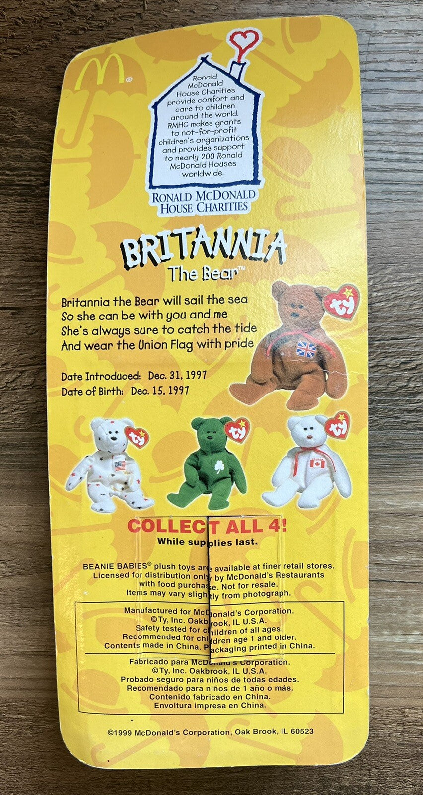 Ty McDonald’s Beanie Babies 1999 Britannia The Bear - Rare with Tag Errors! 