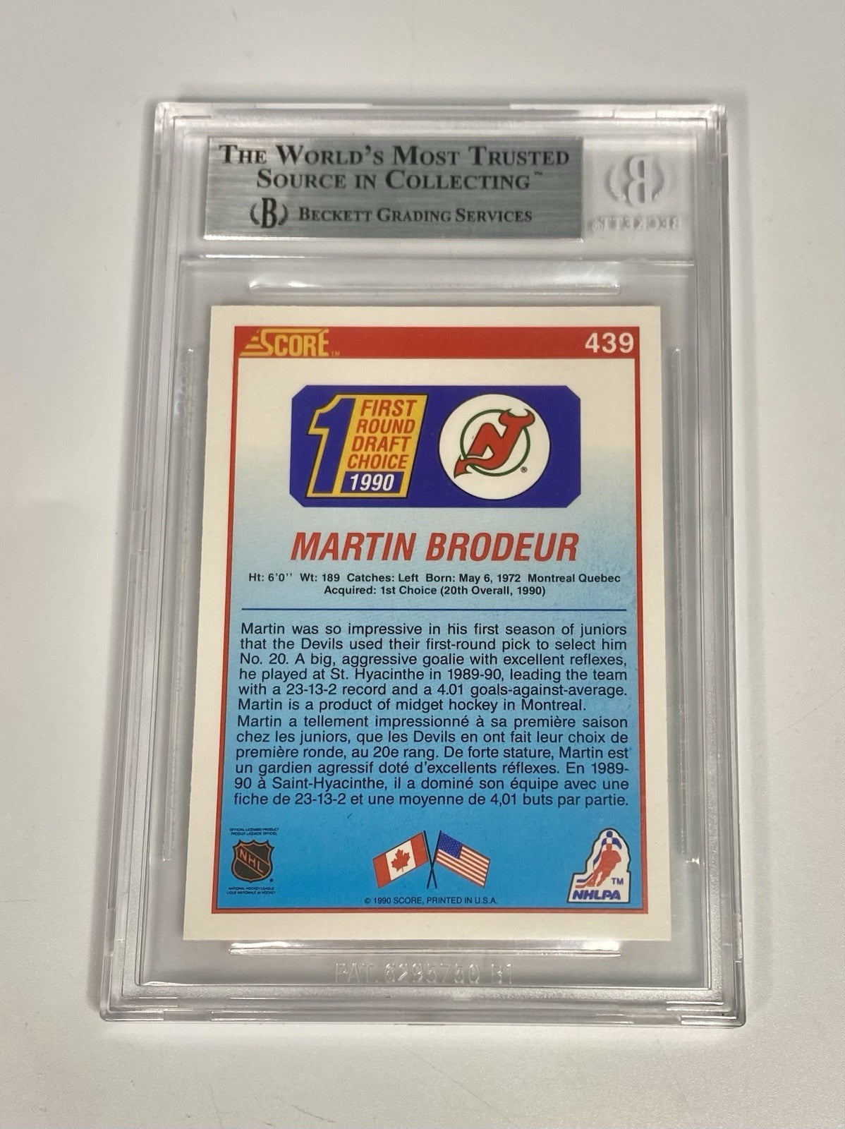 1990-91 Score Martin Brodeur 1st Round DP #439 BGS 9 Beckett Mint