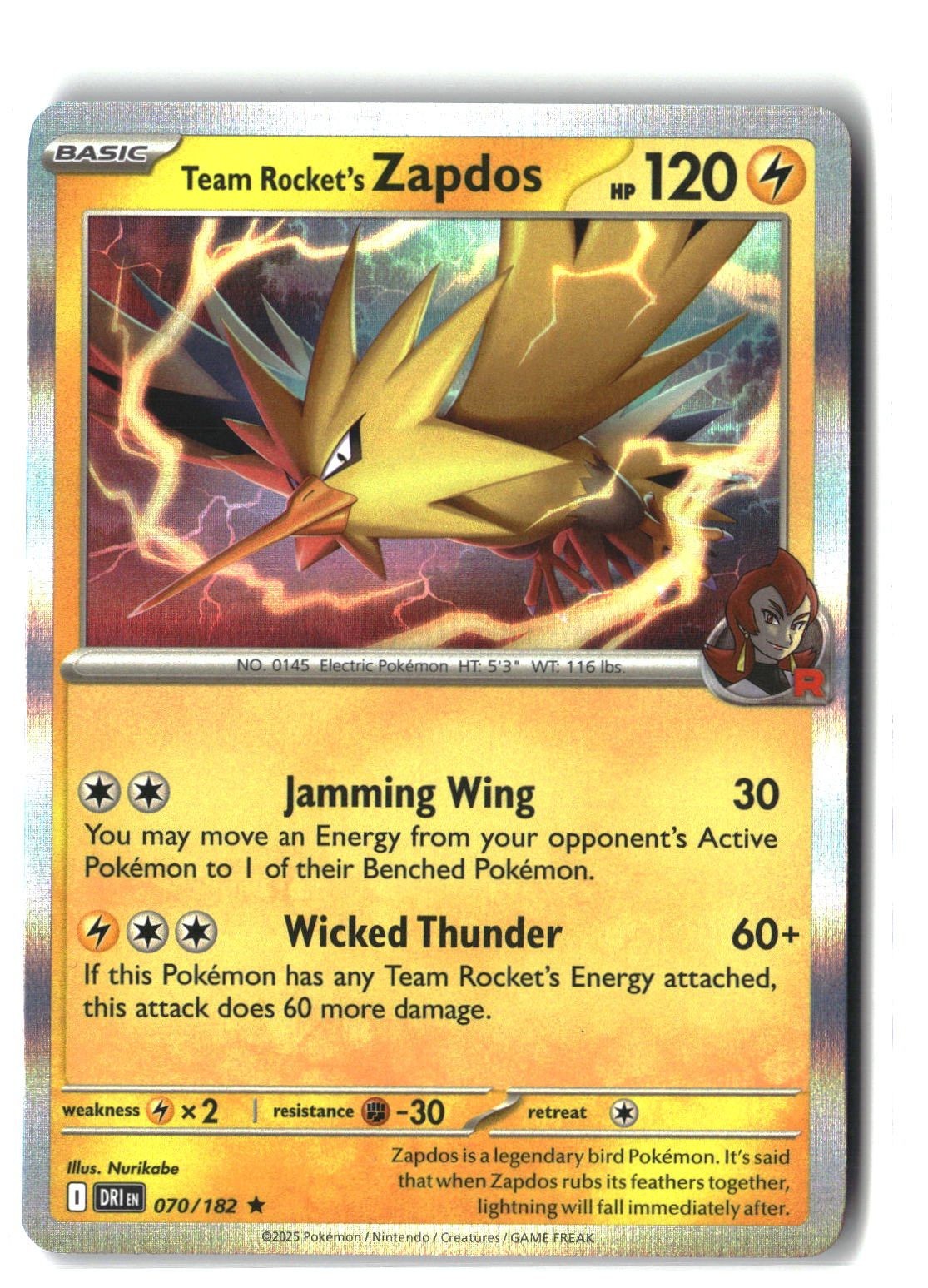 Team Rocket's Zapdos Holofoil NM (Destined Rivals 070/182)