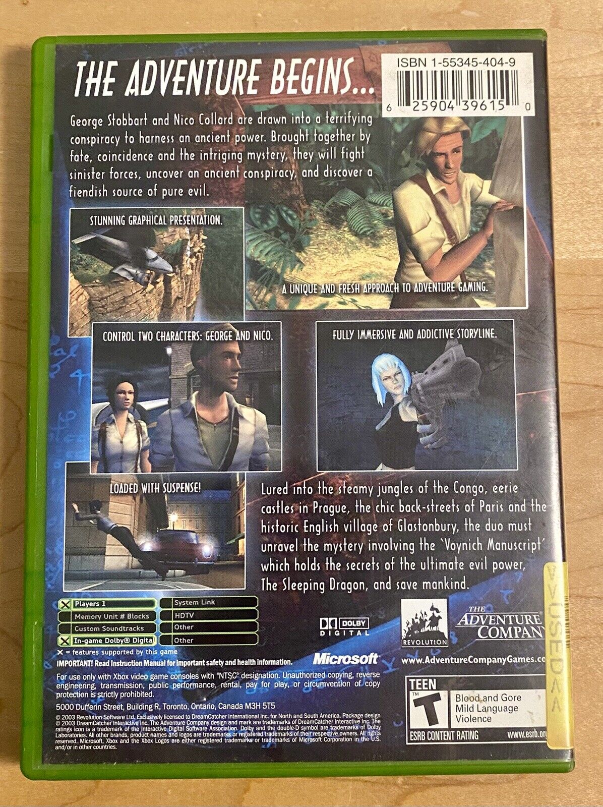 Broken Sword: The Sleeping Dragon (Microsoft Xbox 2003) CIB W/ Manual + Reg Card